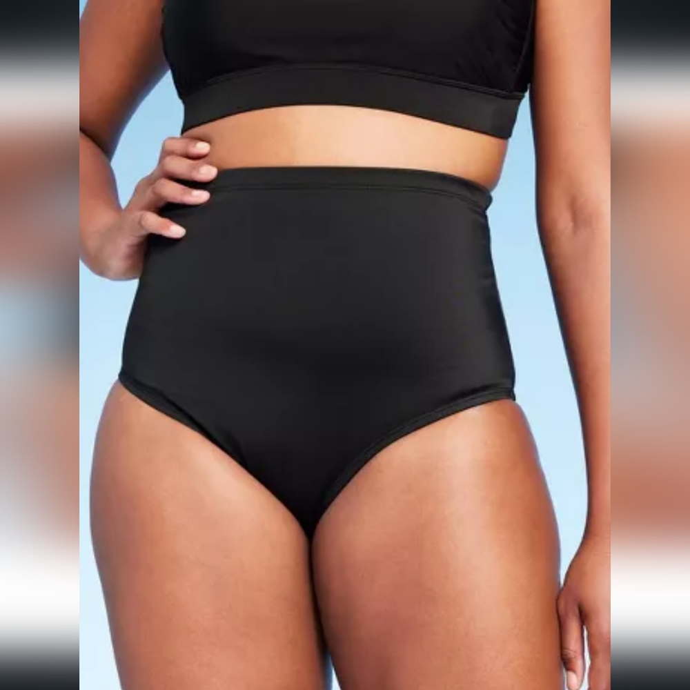 NWT Kona Sol Women's High Waist Tummy Control Swimsuit Bottom Black Size Large